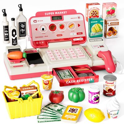 Pretend Cash Register Toy for Kids, Play Cash Register with Real Calculator, Scanner, Microphone, Cashier Playset Gift for Toddler Boys and Girls Ages 3 4 5 6 7 8 (Pink)