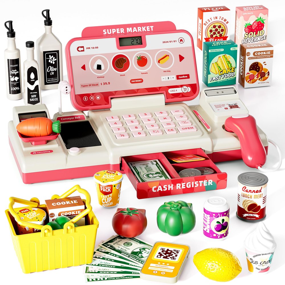 Pretend Cash Register Toy for Kids, Play Cash Register with Real Calculator, Scanner, Microphone, Cashier Playset Gift for Toddler Boys and Girls Ages 3 4 5 6 7 8 (Pink)