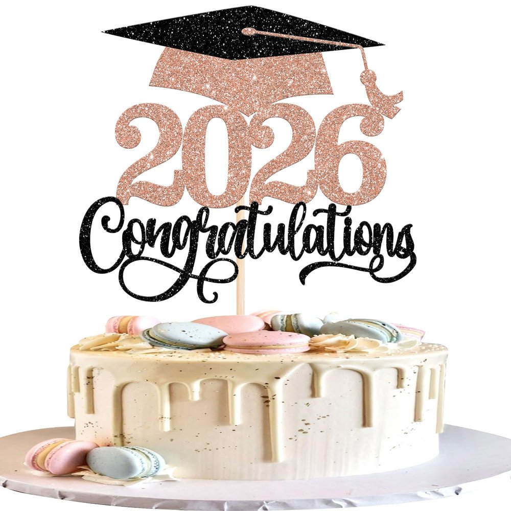 1 Pack 2026 Graduation Cake Topper Glitter Grad Cap Diploma 2026 Senior Cake Pick for School Graduation Theme Party Cupcake Decoration Supplies Rose Gold