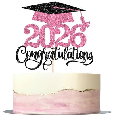 1 Pack 2026 Graduation Cake Topper Glitter Grad Cap Diploma 2026 Senior Cake Pick for School Graduation Theme Party Cupcake Decoration Supplies Pink