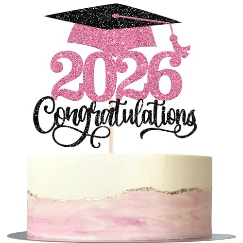 1 Pack 2026 Graduation Cake Topper Glitter Grad Cap Diploma 2026 Senior Cake Pick for School Graduation Theme Party Cupcake Decoration Supplies Pink