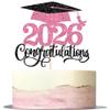 1 Pack 2026 Graduation Cake Topper Glitter Grad Cap Diploma 2026 Senior Cake Pick for School Graduation Theme Party Cupcake Decoration Supplies Pink view 1