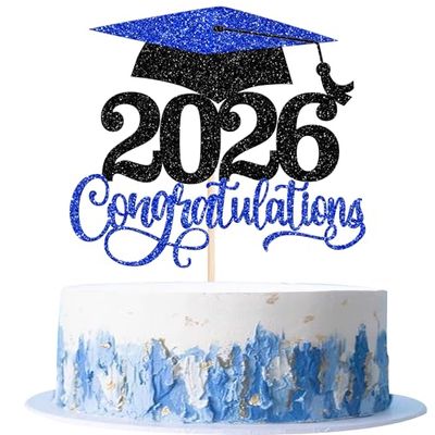 1 Pack 2026 Graduation Cake Topper Glitter Grad Cap Diploma 2026 Senior Cake Pick for School Congrats Graduation Theme Party Cupcake Decoration Supplies Blue