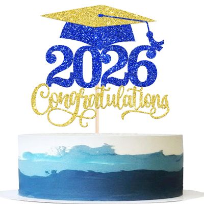 1 Pack 2026 Graduation Cake Topper Glitter Grad Cap Diploma 2026 Senior Cake Pick for School Graduation Theme Party Cupcake Decoration Supplies Gold Blue