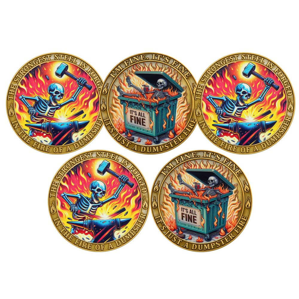 5Pcs Dual-Sided Challenge Coin, 1.57 Inch Zinc Alloy, 3D Engraved Dumpster Fire Design, Multicolor Collectible (Pack of 5)