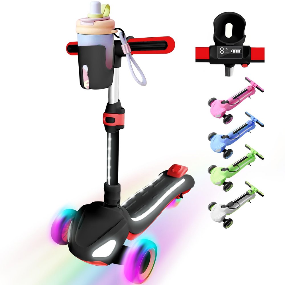 3 Wheel Electric Scooter for Kids Ages 3-10, w/Storage Basket, LCD Screen, Full Body Lights Up, Wide Deck, 5Mph Safe Speed, 90min Riding, Balance Foldable Kick Scooter for Boys & Girls, Black