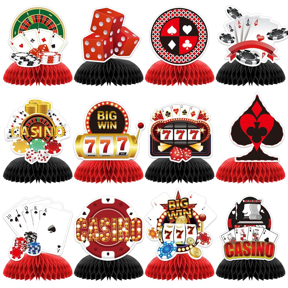 12pcs CasinoTheme Party Decorations,Casino Poker Happy Birthday Decorations, Honeycomb Centerpieces Decor Table for Party Supplies for Casino Table Toppers Casino Game Night Las Vegas Party Favors