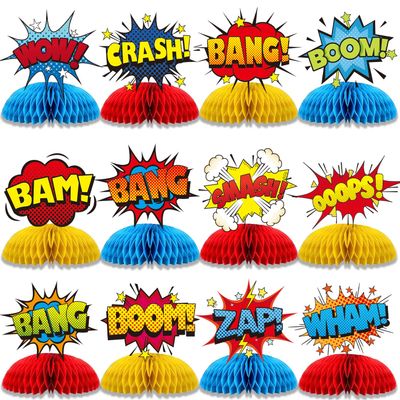 12 Pcs Hero Table Honeycomb Centerpieces, Hero Theme Happy Birthday Party Decorations for Women Men, Fun Action Standing Card Party Decor Party Supplies