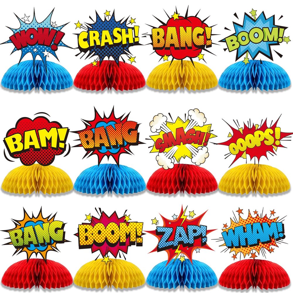 12 Pcs Hero Table Honeycomb Centerpieces, Hero Theme Happy Birthday Party Decorations for Women Men, Fun Action Standing Card Party Decor Party Supplies