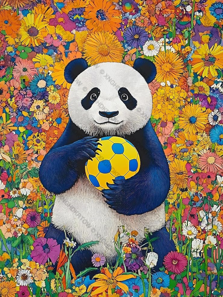 Great Jigsaw Puzzles for Adults 1000 Piece Panda Bear Holding A Soccer Ball in Field of Flowers Gift Family Decoration