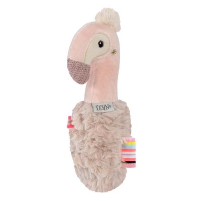 Fehn Rattle in the shape of a pink flamingo, faithful to rattle, for babies and toddlers from 0 months