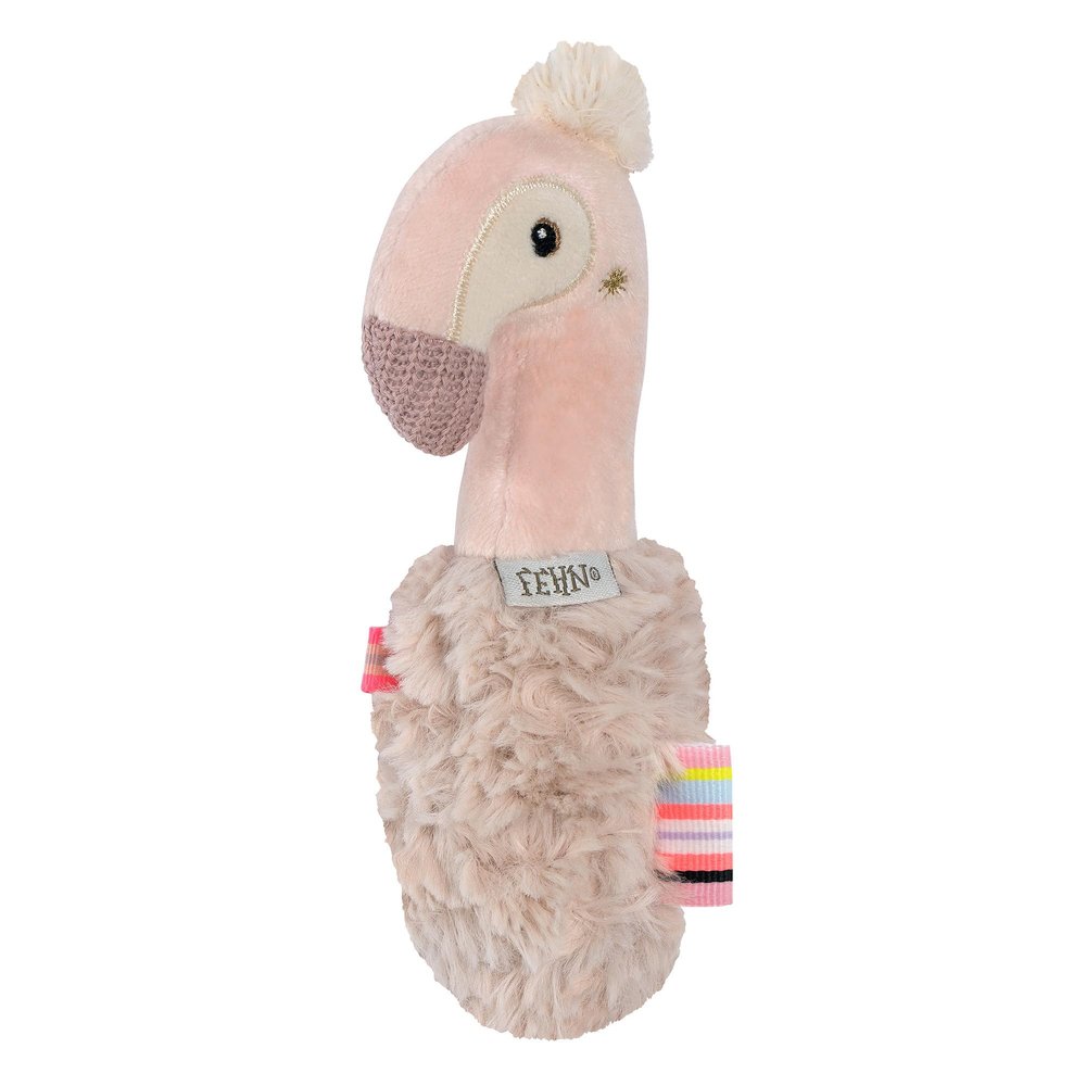 Fehn Rattle in the shape of a pink flamingo, faithful to rattle, for babies and toddlers from 0 months