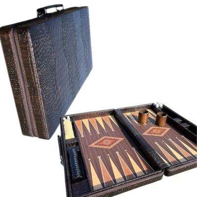 18-inch Premium Leather Backgammon Set for Adults Crocodile Pattern Faux Leather Covering Vintage Board Game Gift for Dad, Husband