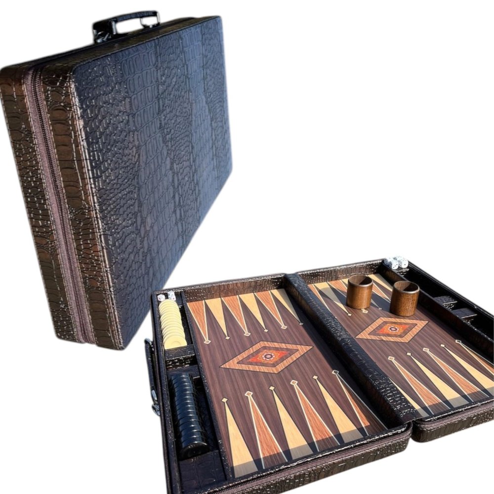 18-inch Premium Leather Backgammon Set for Adults Crocodile Pattern Faux Leather Covering Vintage Board Game Gift for Dad, Husband