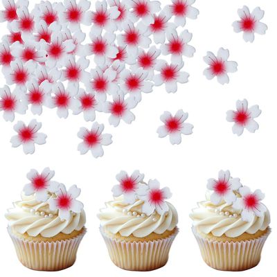 100 PCS Edible Cherry Blossom Cupcake Toppers Wafer Paper Flowers Cupcake Picks Edible Oriental Cherry Cake Decorations for Spring Bridal Engagement Baby Shower Birthday Party Cake Decoration Supplies