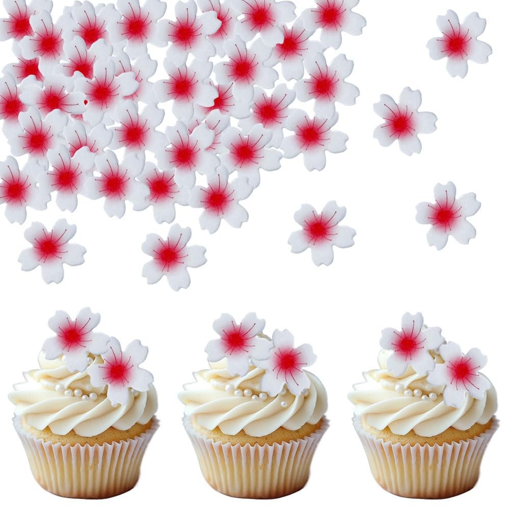 100 PCS Edible Cherry Blossom Cupcake Toppers Wafer Paper Flowers Cupcake Picks Edible Oriental Cherry Cake Decorations for Spring Bridal Engagement Baby Shower Birthday Party Cake Decoration Supplies