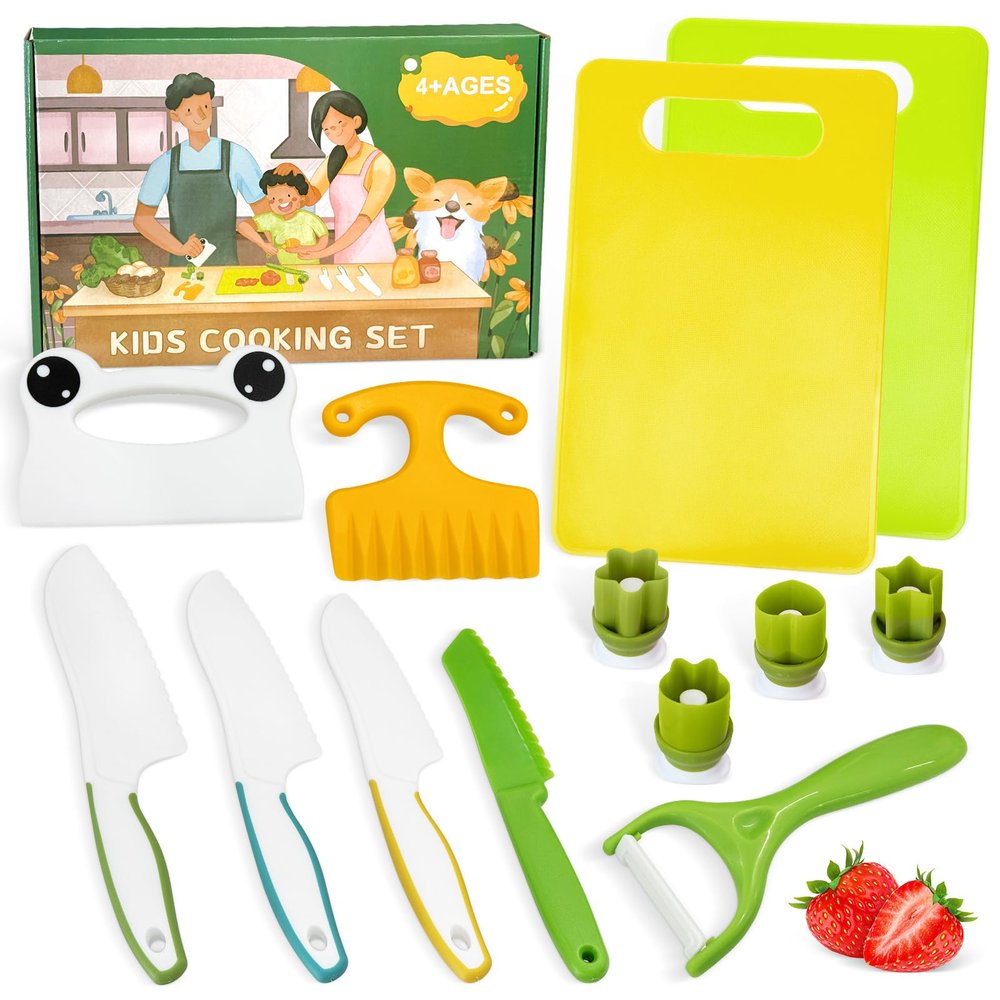 Chanking 13 Pieces Kids Safe Knife Set for Real Cooking Child-Friendly Plastic Chef Tools Montessori Kitchen Toys for Toddlers Birthday Gifts for Boys and Girls Ages 4+ (B)