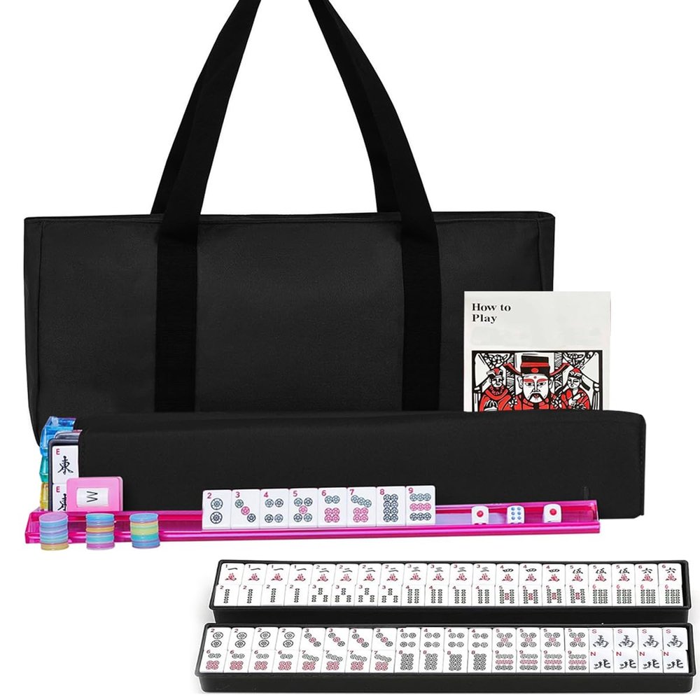 American Mahjong Set - 166 Premium White Tiles with 4 All-in-One Racks & Pushers, 3 Dices, 100 Chips, Wind Indicator & English Manual - Gift for Men Women, Classic Mah-Jong Set in Carrying Bag