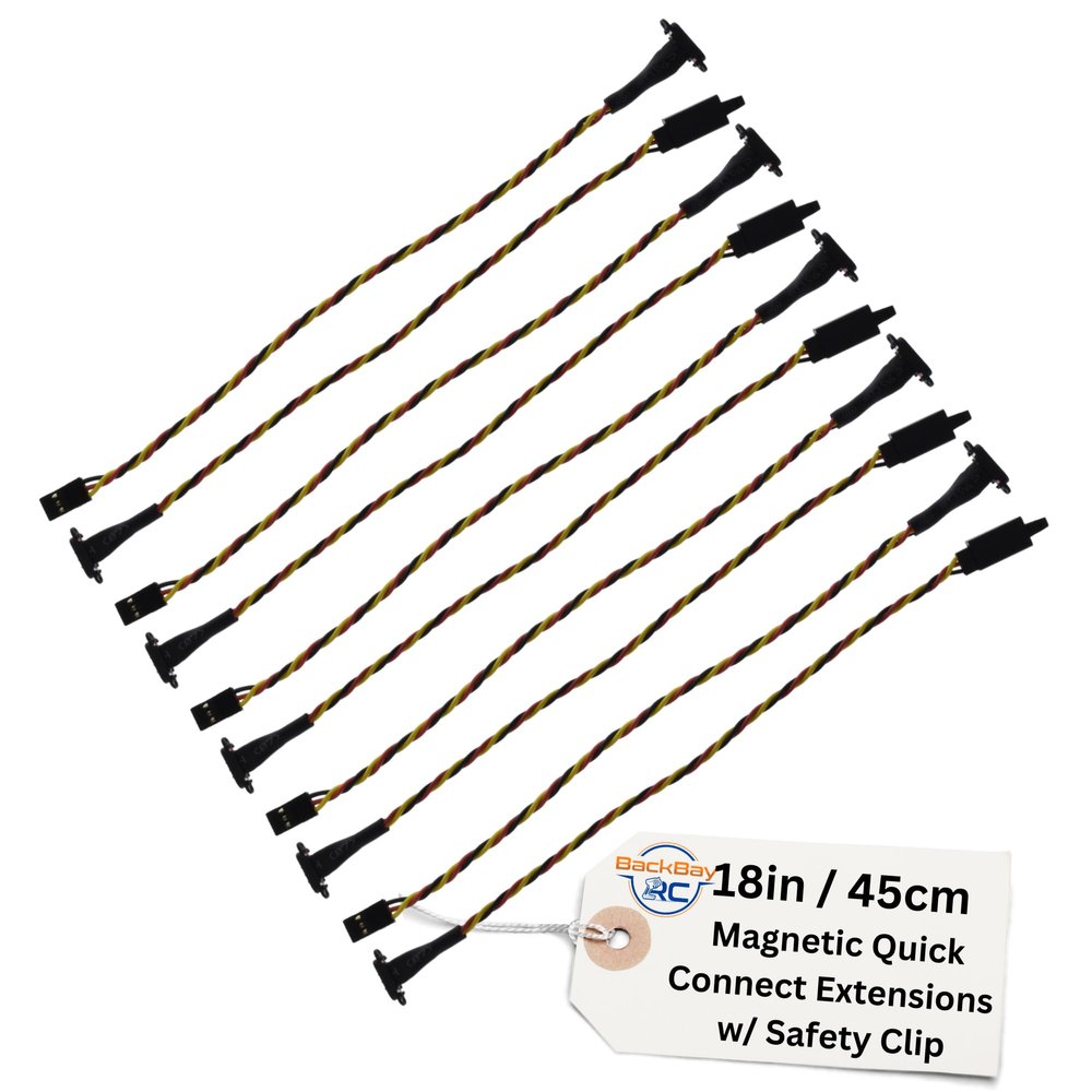 BackBay R/C 45cm 22awg Magnetic Universal 3-Pin Servo Extension w/Mounting Ear - 18in Twisted Wire Safety Clip - (60) 0.08 Strands Per Wire