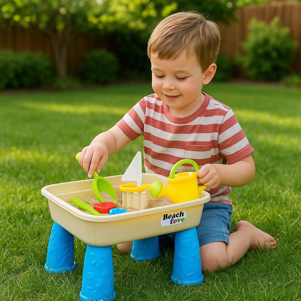 Bo-Toys Beach Sand & Water Activity Table for Kids  Portable Play Table with Lid, Toys & Storage  Outdoor Backyard Summer Toy Set with Shovel, Watering Can, Boat & Molds
