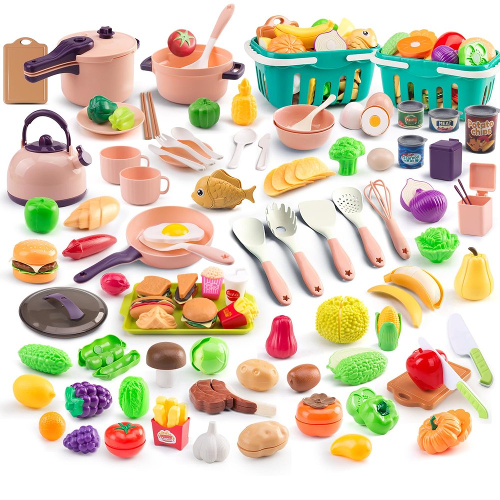200Pcs Mini Play Kitchen Accessories for Kids, Pretend Cooking Playset with Cookware, Tableware & 2 Fruit Sets, Learning Gift for Girls, Boys, Toddlers, Pink