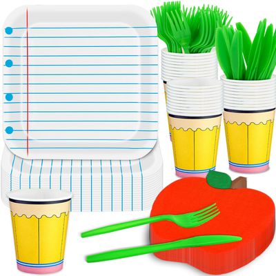 125PCS Back to School Decorations, Notebook Plates Pen Cups Apple Napkins for First Day of School Teacher Graduation Party Dinnerware Supplies (Serves 25 Guests)