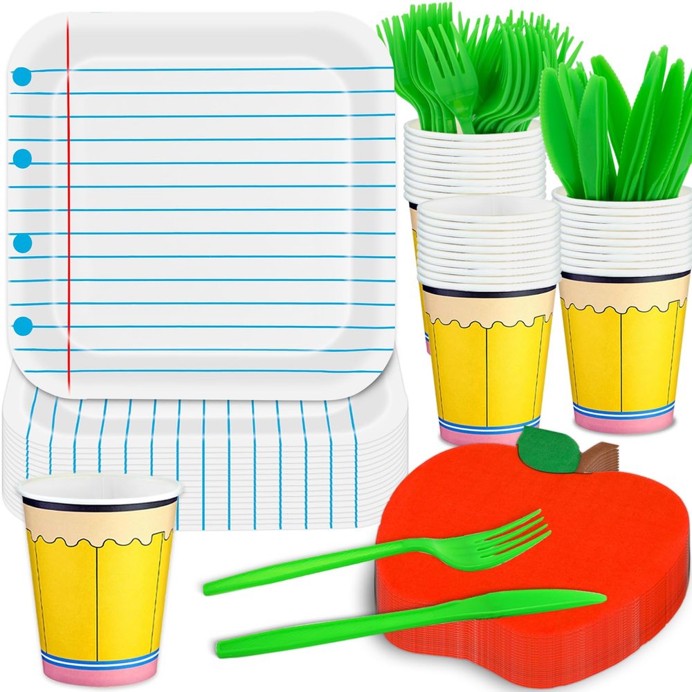 125PCS Back to School Decorations, Notebook Plates Pen Cups Apple Napkins for First Day of School Teacher Graduation Party Dinnerware Supplies (Serves 25 Guests)