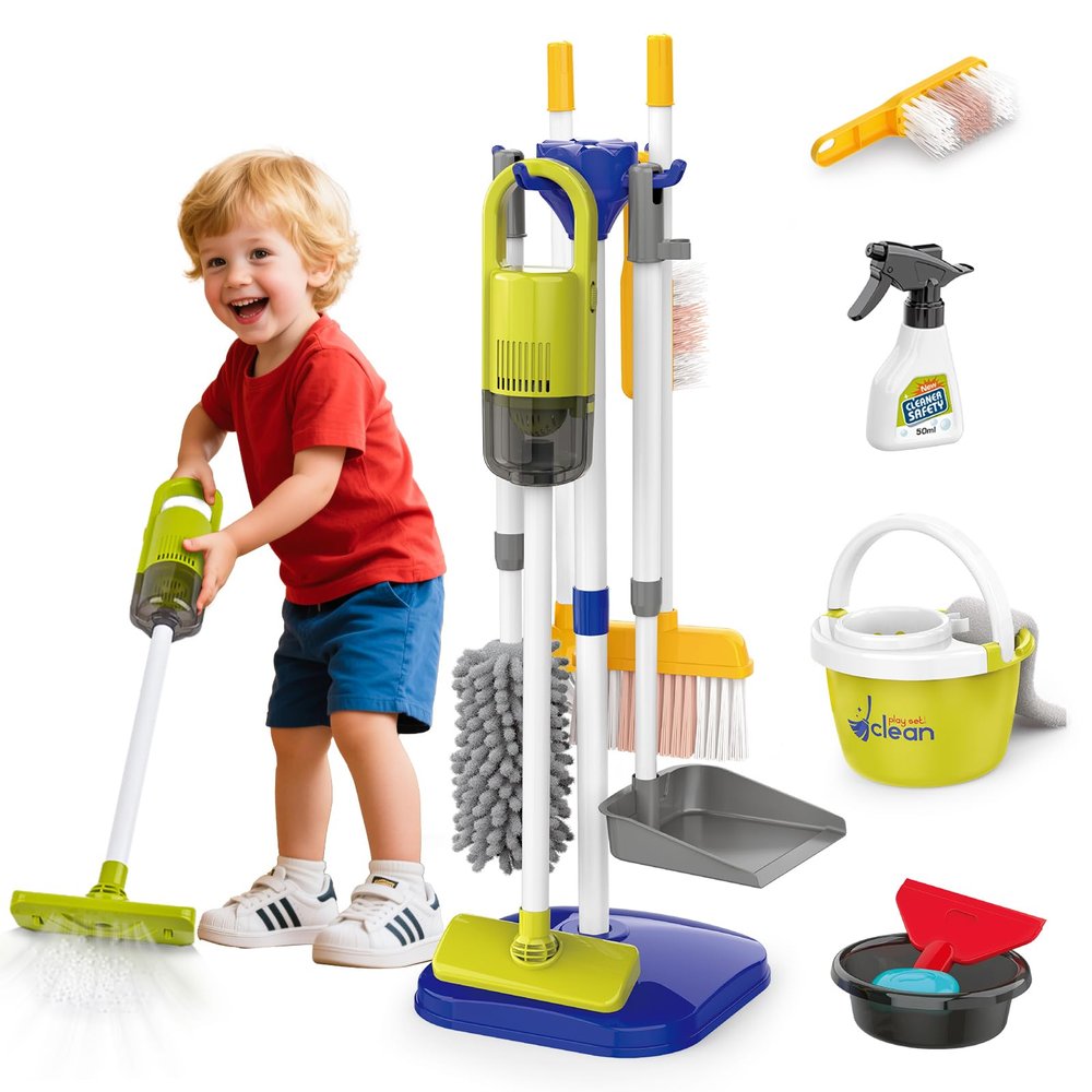 Kids Cleaning Toys Set,14PCS Toddler Cleaning Toys with Broom and Dustpan Mop Set, 2in1 Vacuum That Really Works,Toddler Vacuum Cleaner, Pretend Play Cleaning Supplies for Boys Girls Age 3-8 (Blue)