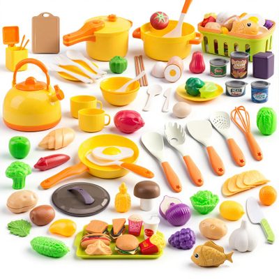 118Pcs Mini Play Kitchen Accessories for Kids, Pretend Cooking Playset with Cookware, Tableware & 2 Fruit Sets, Learning Gift for Girls, Boys, Toddlers, Yellow