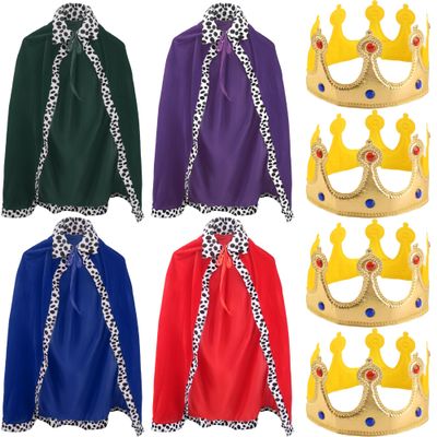 Cotiny 4 Pack Kids King Costume Set Kings Cape Red Blue Cloak Crown for Children Halloween King Prince Cosplay Birthday Party (Red, Blue, Purple, Green)