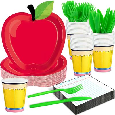 125PCS Back to School Decorations, Apple Plates Pen Cups Notebook Napkins for First Day of School Teacher Graduation Party Dinnerware Supplies (Serves 25 Guests)