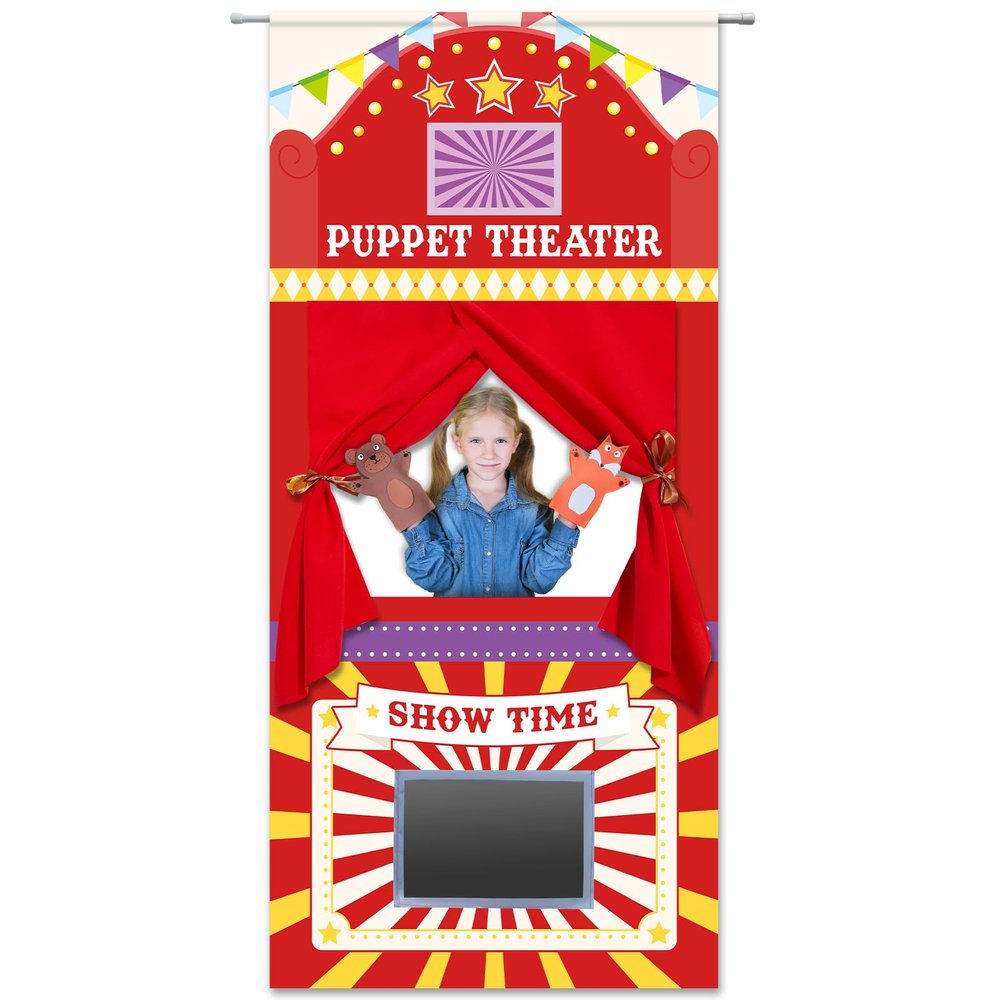 Doorway Puppet Theater with 2 Adjustable Rods 31x67 In Red Yellow Foldable Hanging Puppet Show Theater for Kids Pretend Play Hand Puppets Educational Kids Activities Toys Easy to Set Up Put Away