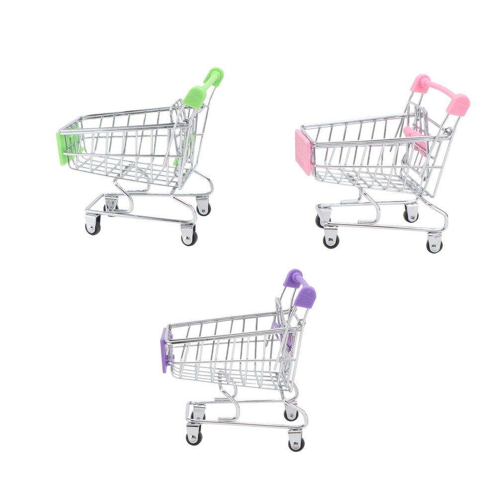 YARNOW 3pcs Miniature Role Play Trolley Electroplated Iron Pretend Play Shopping Cart for Pink Purple Green for Makeup Storage Desk Organization