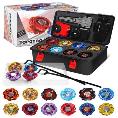DEZAWRTY Gyro X Set, 12 Right Spinning X Blade Tops, 2 Ripcord Launchers, 1 String Launcher and 1 Grip with Storage Box, Battling Game Kids Toys Boys Birthday Gift Ideal for 6+ Years Old