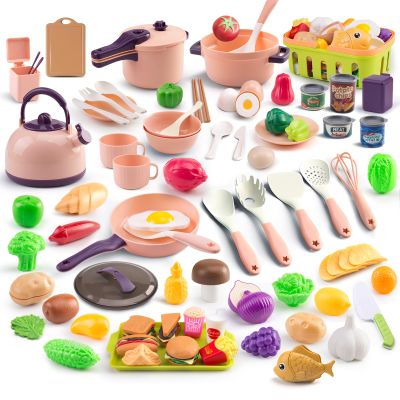 118Pcs Mini Play Kitchen Accessories for Kids, Pretend Cooking Playset with Cookware, Tableware & 2 Fruit Sets, Learning Gift for Girls, Boys, Toddlers, Pink