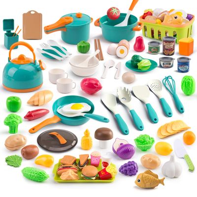 118Pcs Mini Play Kitchen Accessories for Kids, Pretend Cooking Playset with Cookware, Tableware & 2 Fruit Sets, Learning Gift for Girls, Boys, Toddlers, Green