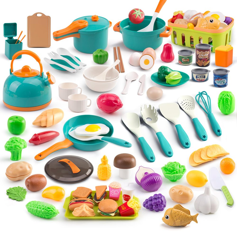 118Pcs Mini Play Kitchen Accessories for Kids, Pretend Cooking Playset with Cookware, Tableware & 2 Fruit Sets, Learning Gift for Girls, Boys, Toddlers, Green