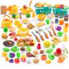 200Pcs Mini Play Kitchen Accessories for Kids, Pretend Cooking Playset with Cookware, Tableware & 2 Fruit Sets, Learning Gift for Girls, Boys, Toddlers, Yellow view 1