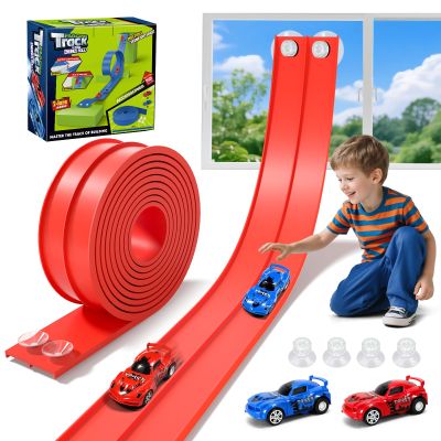KETIEE Flex Tracks 16 Ft for Kids, Flexible Race Car Ramp Track with 2 Small Racecars and 4 Suction Cups Compatible with Diecast 1/64th Cars,Rolls Up Portable Racetrack for Ages 3 & Up
