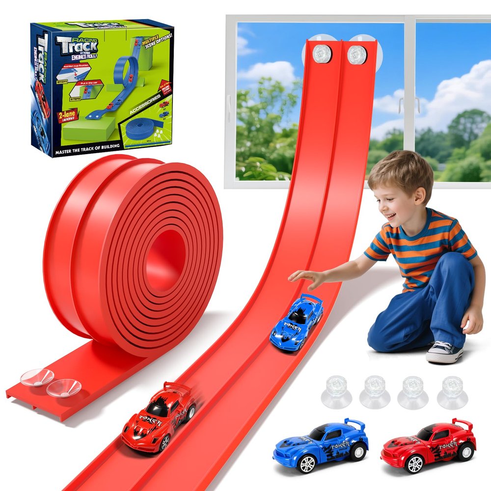 KETIEE Flex Tracks 16 Ft for Kids, Flexible Race Car Ramp Track with 2 Small Racecars and 4 Suction Cups Compatible with Diecast 1/64th Cars,Rolls Up Portable Racetrack for Ages 3 & Up