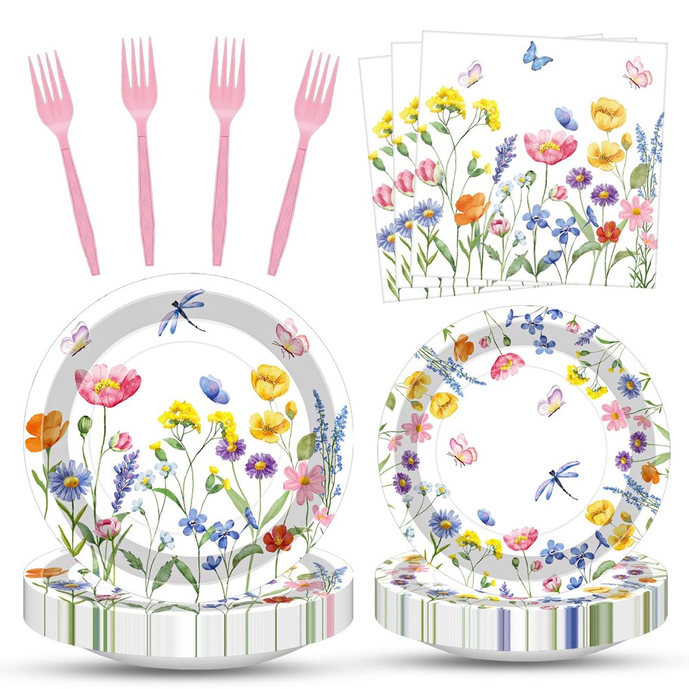 100 Pcs Spring Floral Party Supplies Set, Serves 25  Disposable Flower Paper Plates, Napkins, and Forks, Garden Bloom Themed Tableware for Picnic, Tea Party, Birthday, and Mothers Day Decorations