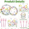 100 Pcs Spring Floral Party Supplies Set, Serves 25  Disposable Flower Paper Plates, Napkins, and Forks, Garden Bloom Themed Tableware for Picnic, Tea Party, Birthday, and Mothers Day Decorations view 3