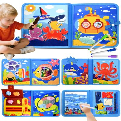 Meafeng Ocean Busy Book for Toddlers 1-3 - Montessori Learning Toy with Sea Animals & Life Skills, Travel Quiet Book for 1 2 3 Year Old Boys Girls, Educational Toddler Toy for Car & Airplane Travel