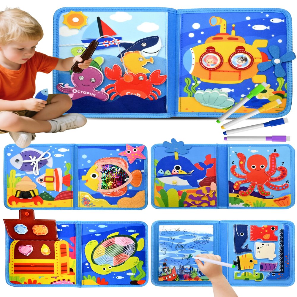 Meafeng Ocean Busy Book for Toddlers 1-3 - Montessori Learning Toy with Sea Animals & Life Skills, Travel Quiet Book for 1 2 3 Year Old Boys Girls, Educational Toddler Toy for Car & Airplane Travel