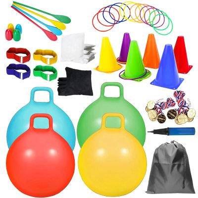 58PCS Carnival Outdoor Games Combo Set,17.7IN Hopper Balls with Handle,Egg Spoon Relay Race,Soft Plastic Cones Bean Bags Ring Toss Game,3 Legged Race for Family Reunion Outside Field Day Easter Games