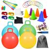 58PCS Carnival Outdoor Games Combo Set,17.7IN Hopper Balls with Handle,Egg Spoon Relay Race,Soft Plastic Cones Bean Bags Ring Toss Game,3 Legged Race for Family Reunion Outside Field Day Easter Games view 1