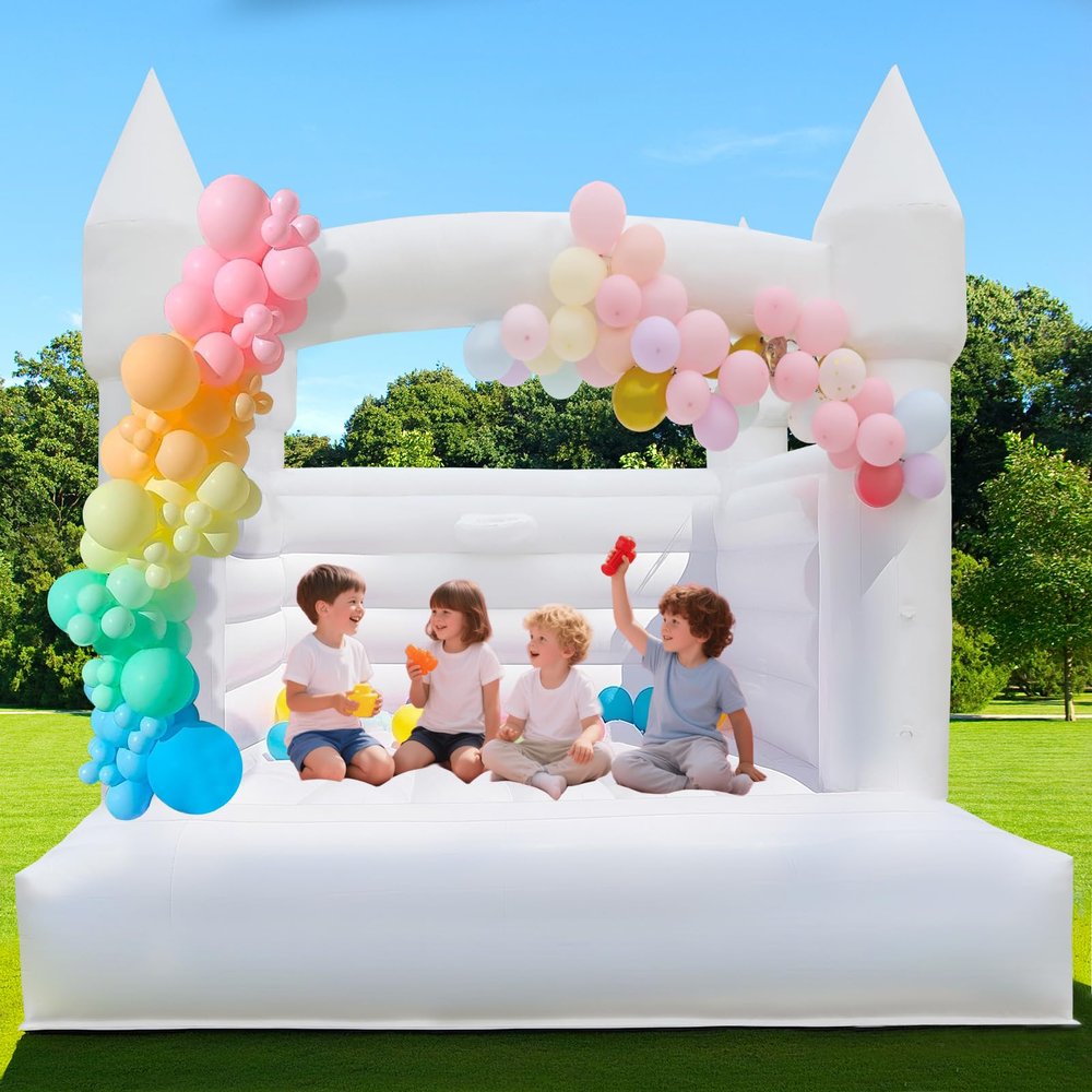 14FT 2 in 1 Inflatable Bounce House & Play Basketball, 100% Commercial Grade Thickening PVC Large Bouncy House Castle with Air Blower & Balloons & Basketball for Birthday Party,Wedding (White, 14 FT)