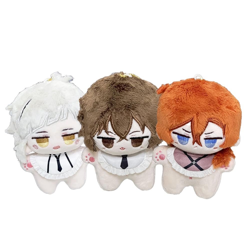 3pcs BSD Plush Nakahara Chuuya Plush Dazai Osamu Soft Figure Nakajima Atsushi Keychain, 10cm Anime Stuffed Doll Hug Pillow Birthday Gifts