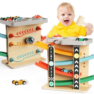 AmazingJoy Wooden Car Ramp Race Track 2-in-1 Pound Ball Toddler Toy Ball Drop Baby Toy Set Gift for 1 2 3 Year Old Boys Girls Montessori Developmental Learning Activity Interactive Birthday Present