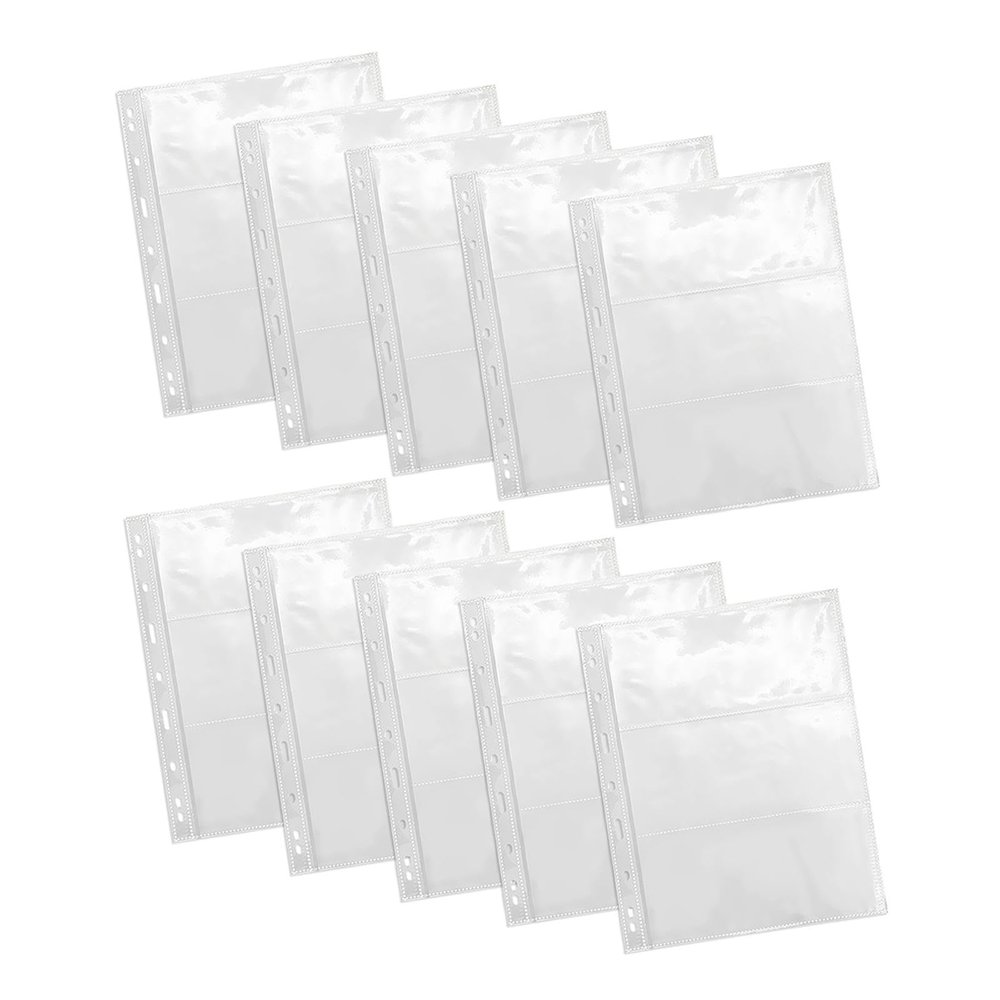 10 Pack 30 Pockets 9 Hole Currency Pages Protector, Transparent Cash Collecting Album Refill Page Binder Sheets, 3 Grids Money Page, PP Material